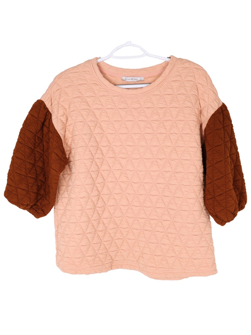 Quilted Peach Top with Brown Puff Sleeves